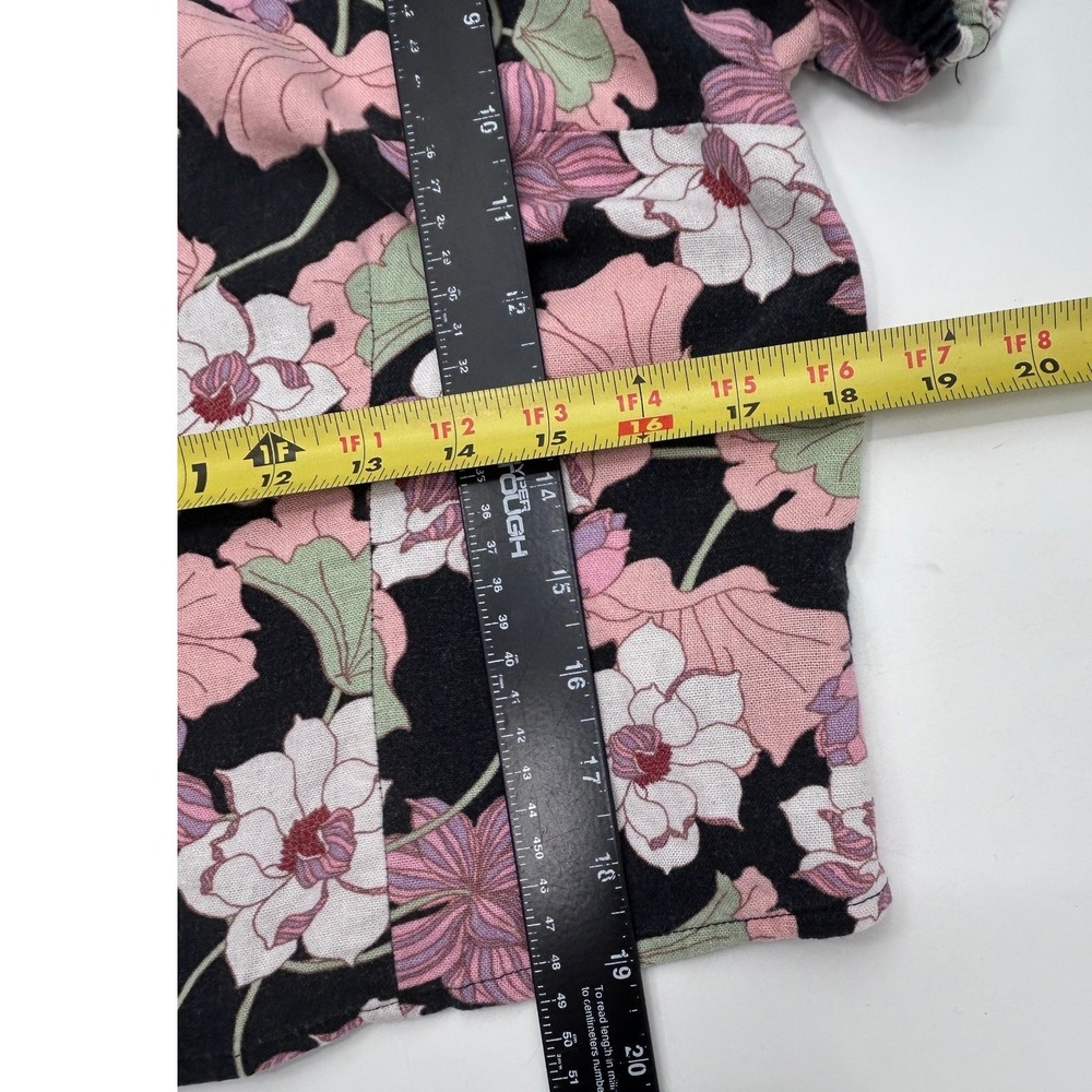 Who What Wear Womens Large Floral Linen Blend Puff Sleeve Smocked Crop Top Black - Picture 4 of 7